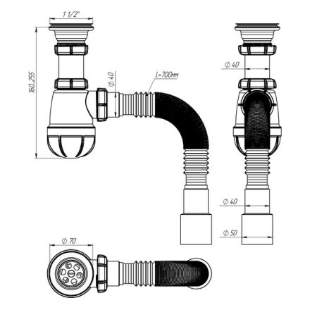 Сифон для кухни Sti B0115, 1 1/2"х40 с гибкой трубой 40х40-50